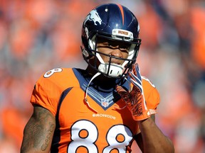 Demaryius Thomas #88 of the Denver Broncos warms up before the AFC Championship game against the New England Patriots at Sports Authority Field at Mile High on January 24, 2016 in Denver, Colorado.