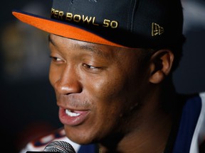 Demaryius Thomas #88 of the Denver Broncos speaks to the media during the Broncos media availability for Super Bowl 50 at the Stanford Marriott on February 4, 2016 in Santa Clar.