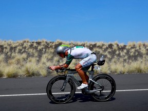 Lionel Sanders of Canada competes on the bike during the IRONMAN World Championship on October 14, 2017 in Kailua Kona, Hawaii.