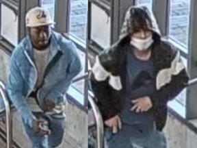 An image released by Toronto Police of two men wanted in the June 4, 2022 robbery of a TTC customer at Don Mills Station.
