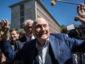 Former FIFA president Sepp Blatter reacts leaving Switzerland's Federal Criminal Court after the verdict of his trial over a suspected fraudulent payment, in the southern Switzerland city of Bellinzona, on July 8, 2022.