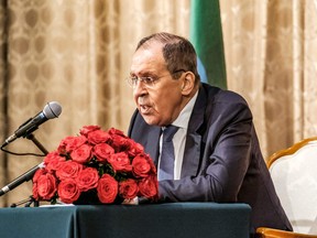 Sergey Lavrov, minister of foreign affairs of the Russian Federation, addresses the public during a press conference at the Russian embassy, in Addis Ababa, Ethiopia, on August 02, 2022.