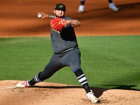 American League pitcher Alek Manoah of the Toronto Blue Jays pitches against the National League during the second inning of the 2022 MLB All-Star Game at Dodger Stadium on Tuesday night.