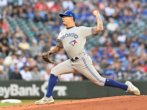 Toronto Blue Jays starting pitcher Anthony Banda (43) pitches to the Seattle Mariners during the first inning at T-Mobile Park July 7, 2022.