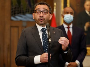 Canada's Minister of Transport Omar Alghabra speaks during a press conference on Parliament Hill in Ottawa June 6, 2022.