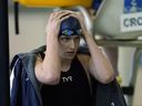 Pennsylvania's Lia Thomas waits for a preliminary heat in the Women's NCAA 500 meter freestyle swimming championship start Thursday, March 17, 2022, in at Georgia Tech in Atlanta. 