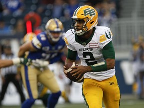 Edmonton Elks quarterback Tre Ford (2) looks downfield against the Winnipeg Blue Bombers during the first half of pre-season CFL action in Winnipeg, Friday, May 27, 2022.
