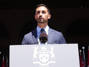Minister of Education Stephen Lecce takes his oath at the swearing-in ceremony at Queen’s Park in Toronto on June 24, 2022. THE CANADIAN PRESS/Nathan Denette