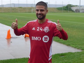 Newly signed Italian star forward Lorenzo Insigne poses in Toronto FC colours at the TFC training centre in Toronto on Friday July 1, 2022. Insigne, the former Napoli captain who is eligible to make his MLS debut July 9 when the leagueâ€™s secondary transfer window opens, trained separately Friday.