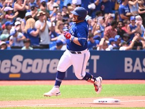 Toronto Blue Jays’ designated hitter Alejandro Kirk runs the bases after hitting a two-run home run, scoring Vladimir Guerrero Jr. in eighth inning against the Royals on Sunday, July 17, 2022.