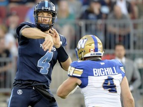 Linebacker Adam Bighill, chasing down Argos QB McLeod Bethel-Thompson during a 2019 game, is a sideline-to-sideline force on the Winnipeg defence.