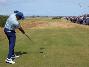 Corey Conners of Canada tees off on the 4th hole during Day 3 of the 150th Open at St Andrews Old Course on July 16, 2022 in St Andrews, Scotland.