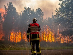 A firefighter works to contain a fire that broke out near Landiras, as wildfires continue to spread in the Gironde region of southwestern France, in this handout picture taken July 15, 2022 and obtained from the fire brigade of the Gironde region (SDIS 33) on July 16, 2022.