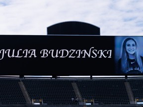 The Oakland A's pay tribute to Julia Budzinski, the teenaged daughter of Blue Jays first base coach Bud Budzinkski who was killed in a tubing accident over the weekend.