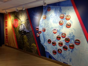 Circles on a map show the locations portrayed in “The Real Wild West,” one of two flight ride experiences at FlyOver in Las Vegas.