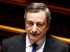 Italian Prime Minister Mario Draghi addresses the Senate ahead of a confidence vote for the government after he tendered his resignation last week in the wake of a mutiny by a coalition partner, in Rome, Italy July 20, 2022.