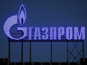 The logo of Gazprom is seen on the facade of a business centre in Saint Petersburg, Russia, March 31, 2022.