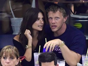 Emily Ratajkowski and Sebastian Bear-McClard visit the Grey Goose suite at Arthur Ashe Stadium during the 2018 U.S. Open at the USTA Billie Jean King National Tennis Center on September 5, 2018 in the Flushing neighbourhood of the Queens borough of New York City.