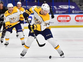 Jeremy Davies of the Nashville Predators skates against the Tampa Bay Lightning in the second period at Amalie Arena on March 13, 2021 in Tampa, Florida.