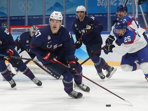 Top prospect Matthew Knies, here playing for the U.S. Olympic team in Beijing, will attract plenty of attention during the Leafs’ week-long development camp.