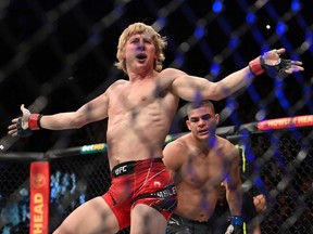Paddy Pimblett celebrates defeating Kazula Vargas during UFC Fight Night: Volkov v Aspinall at the The O2 Arena on March 19, 2022 in London, England.