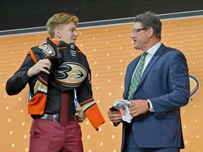 Pavel Mintyukov after being selected as the number ten overall pick to the Anaheim Ducks in the first round of the 2022 NHL Draft at Bell Centre July 7, 2022.  ts