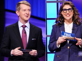 Ken Jennings, left, and Mayim Bialik seen as Jeopardy! hosts.