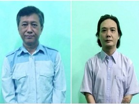 A combination image shows Kyaw Min Yu, also known as Ko Jimmy and Phyo Zeyar Thaw, two of the four democracy activists executed by Myanmar's military authorities, accused of helping carry out "terror acts," state media, in the undated screen grabs taken from a handout video.