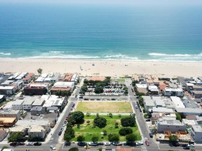In an aerial view, Bruce's Beach (middle) is wedged between expensive real estate on June 29, 2022 in Manhattan Beach, California.