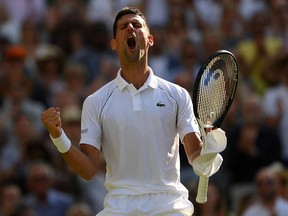 Novak Djokovic celebrates match point against Cameron Norrie during Wimbledon on July 8, 2022 in London.