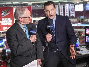 Eddie Olczyk (right), with NBC's Doc Emrick, before a Capitals playoff game.