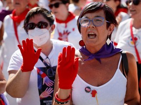 People take part in a demonstration organized by Pamplona's feminist movement following various complaints of sexual assaults at the San Fermin festival in Pamplona, Spain July 12, 2022.