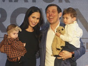 Patrick Brown, with his wife Genevieve and son Theodore and daughter Savannah, announces he will run for the federal Conservative leadership, at a Brampton banquet hall on March 13, 2022.