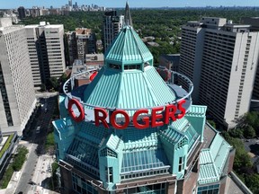 The Rogers Building, the green-topped corporate campus of Canadian media conglomerate Rogers Communications is seen in downtown Toronto, July 14, 2022.