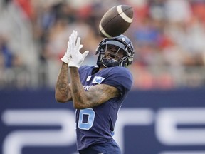 Toronto Argonauts receiver Brandon Banks reaches for a football during the first half of his team’s game against the Winnipeg Blue Bombers on July 4, 2022.