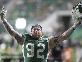 Saskatchewan Roughriders defensive lineman Garrett Marino reacts after he was ejected from a CFL game at Mosaic Stadium in Regina on July 8, 2022.