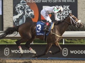 Jockey Rafael Hernandez guides Moira to victory in the $500,000 Woodbine Oaks on July 24, 2022. Moira is owned by X-Men Racing LLC, Madaket Stable LLC and SF Racing LLC and trained by Kevin Attard.