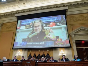 A video of Steve Bannon, talk show host and former White House advisor to former President Donald Trump, is seen displayed on a screen, during the third of eight planned public hearings of the U.S. House Select Committee to investigate the Jan. 6 Attack on the United States Capitol, on Capitol Hill in Washington, June 16, 2022.