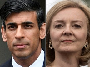 This combination of file pictures created on July 18, 2022 shows, Britain's Chancellor of the Exchequer Rishi Sunak, left, and Britain's Foreign Minister Liz Truss.