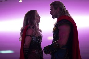 Marvel Studios Thor: Love and Thor, Natalie Portman as Mighty Thor and Chris Hemsworth as Thor.