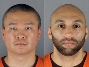 This combination of handout photos provided by the Hennepin County Jail created on June 3, 2020 shows ex-officers Tou Thao, left, and J. Alexander Kueng, right, in booking photos.