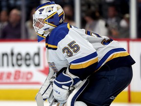 Ville Husso of the St Louis Blues tends goal against the Colorado Avalanche at Ball Arena on May 25, 2022 in Denver.