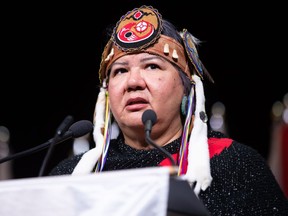 Assembly of First Nations National Chief RoseAnne Archibald speaks during the AFN annual general meeting, in Vancouver, on Tuesday, July 5, 2022. The AFN's executive committee and board of directors suspended Archibald last month pending the outcome of investigations into four complaints against her.