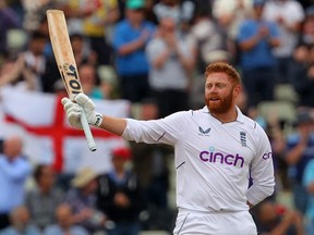England's Jonny Bairstow celebrates his century on Day 5 of the fifth cricket Test match between England and India at Edgbaston, Birmingham in central England on July 5, 2022.