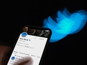 This illustration photo taken on July 8, 2022 shows Elon Musk's Twitter page displayed on the screen of a smartphone with Twitter logo in the background in Los Angeles.