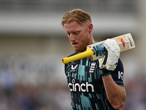 England's Ben Stokes reacts as he leaves the pitch after being dismissed for a Leg Before Wicket (LBW)  during the first One Day International (ODI) cricket match between England and South Africa at the Riverside cricket ground in Durham, north-east England on July 19, 2022.