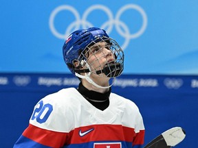Slovakia's Juraj Slafkovsky is seen after the men's preliminary round group C match of the Beijing 2022 Winter Olympic Games ice hockey competition between Slovakia and Latvia, at the National Indoor Stadium in Beijing on February 13, 2022.