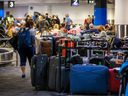 Unclaimed baggage is pictured at Pearson International Airport’s Terminal 3 on July 5, 2022.