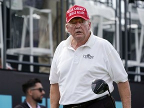 Former President Donald Trump plays in the pro-am round of the Bedminster Invitational LIV Golf tournament in Bedminster, N.J., Thursday, July 28, 2022.