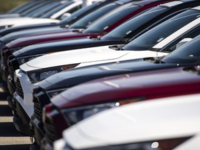 New Toyota RAV4 crossover SUVs for sale are seen at an auto mall in Ottawa, on April 26, 2021.